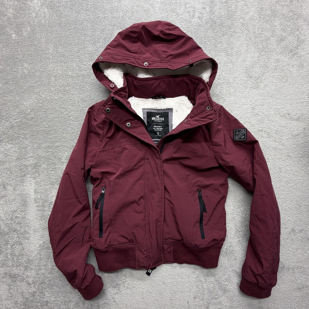 Hollister Jacket Womens S Red Bomber Hooded Lined Faux Fur Pockets Zip